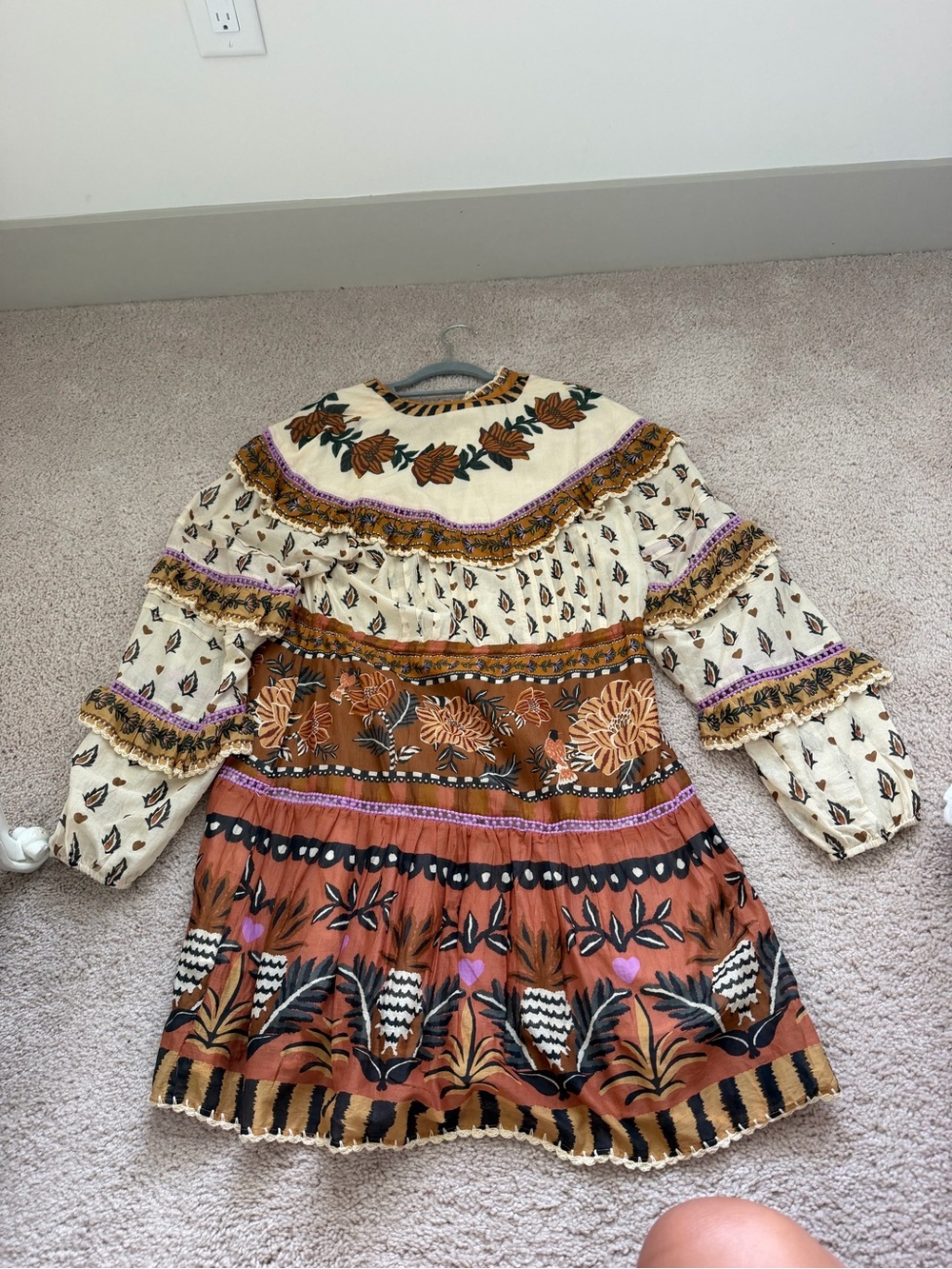 FARM Rio Cream, Rust & Purple Floral Tiered Long-Sleeve Mini Dress - Picture 4 of 4